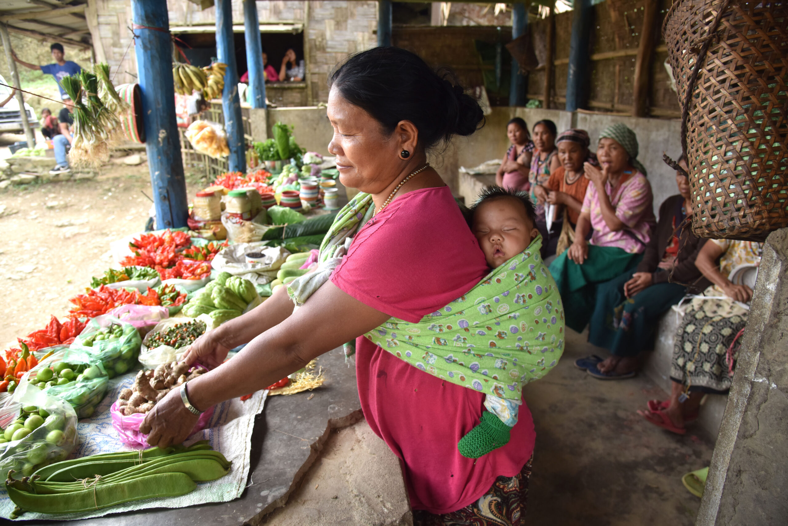 A Konyak tribe woman farmer cum vendor selling their local vegetables and fruits at Marketing Shed, constructed by Soil & Water Conservation Department, Mon, Under-UNDP 2010.